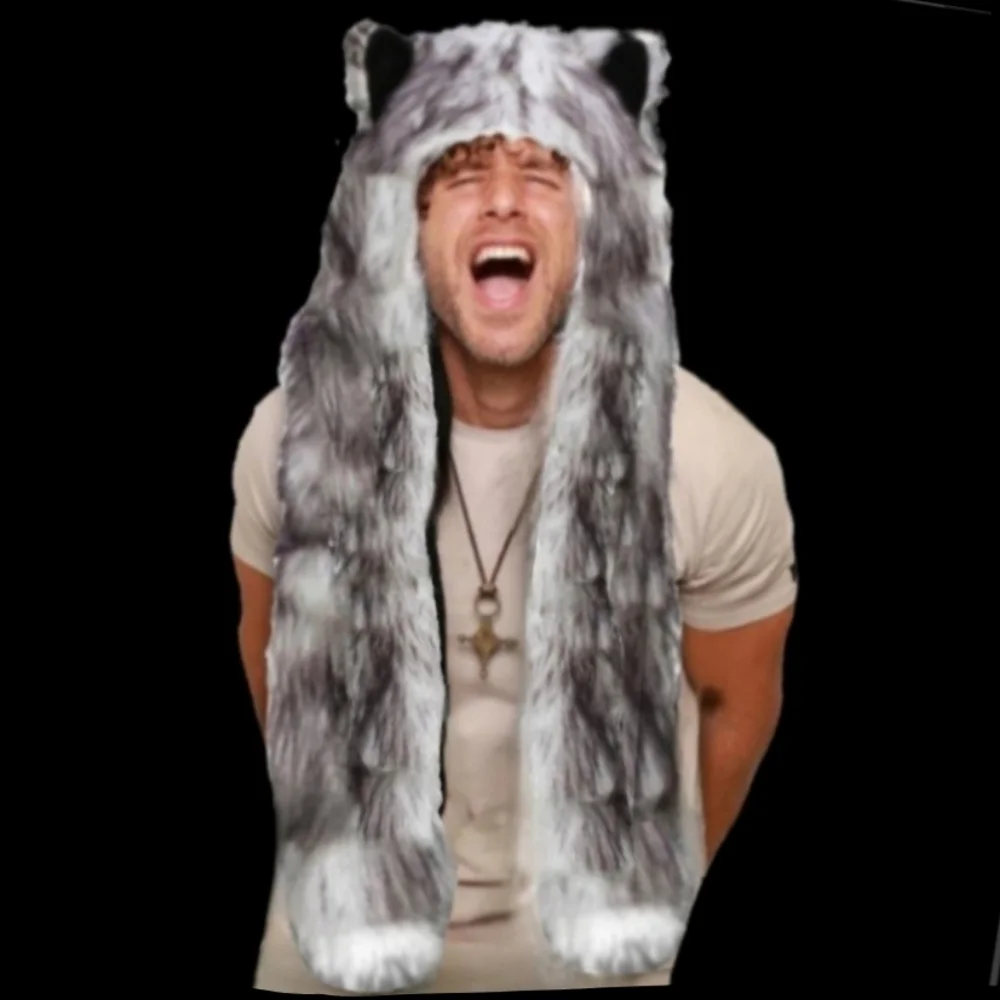Amazon white winter wolf faux fur wolf ears paws as scarf mittens hat hood NWOT